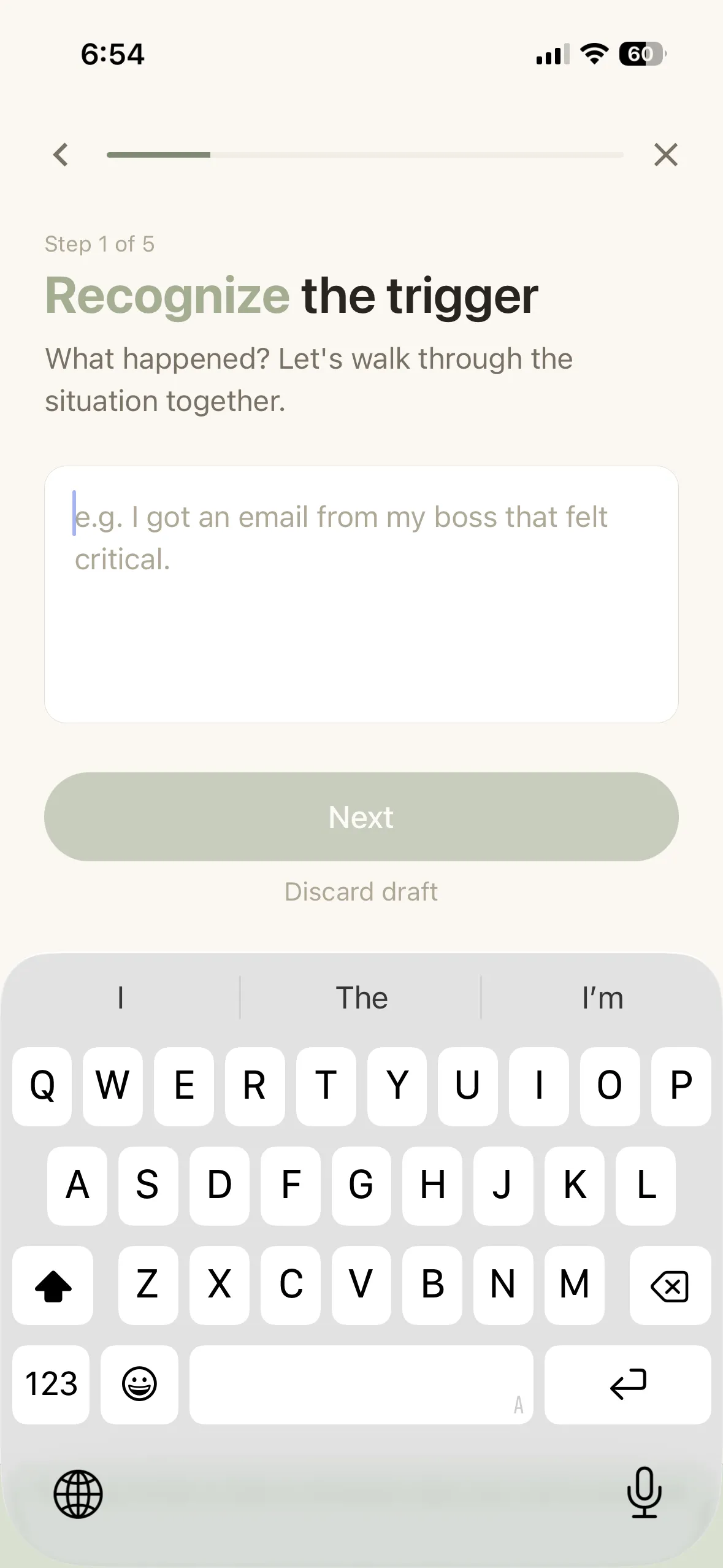 The Rethread app on iPhone — step 1 of 5, Recognize: walk through the trigger and what happened.
