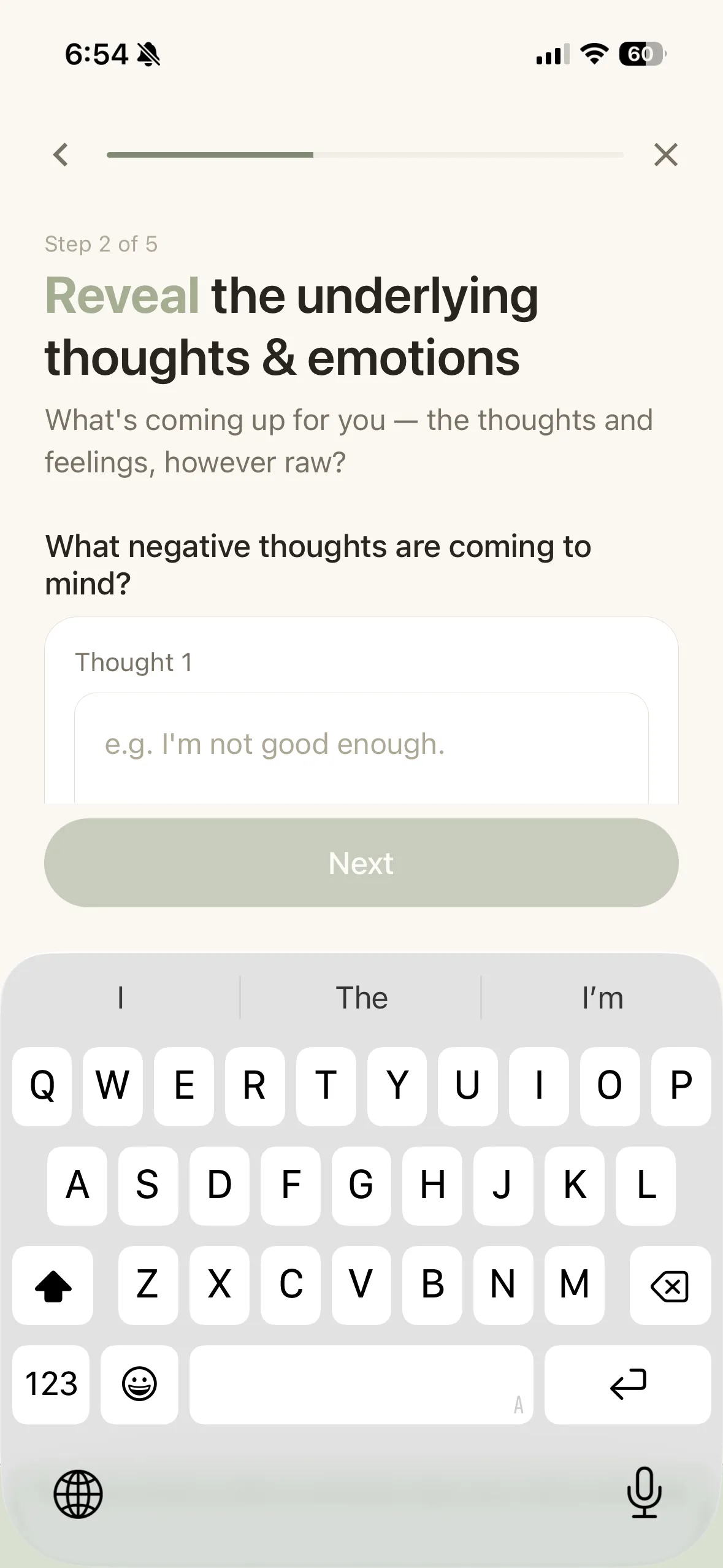 The Rethread app on iPhone — step 2 of 5, Reveal: the thoughts and feelings underneath.