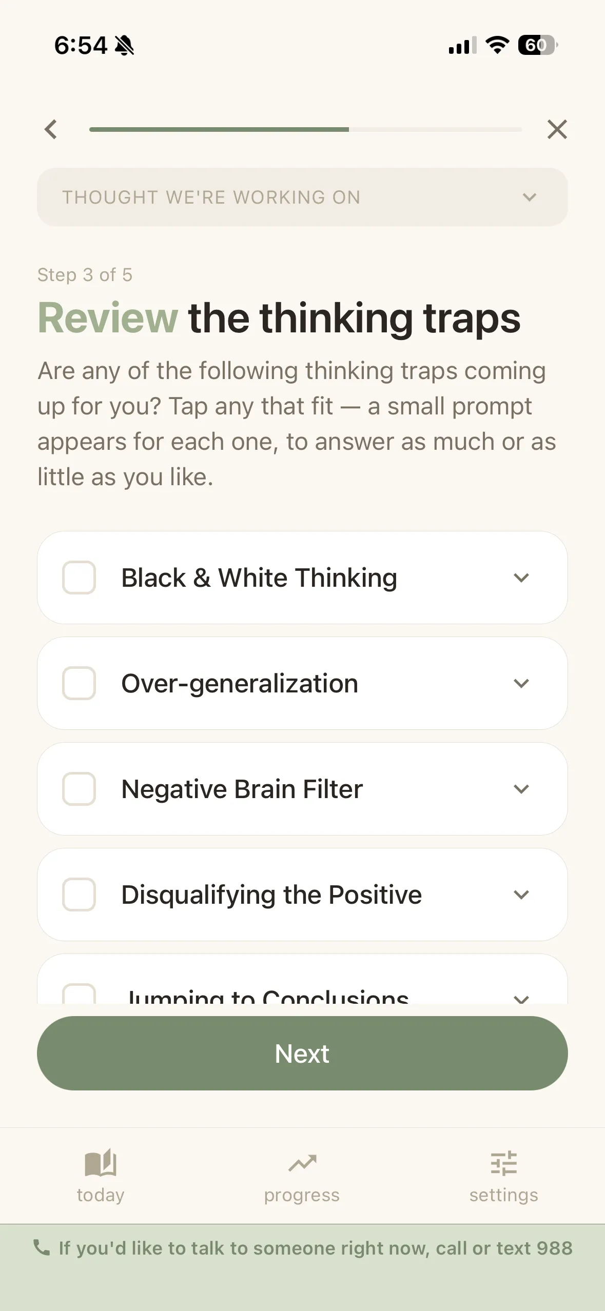 The Rethread app on iPhone — step 3 of 5, Review: the thinking traps coming up for you.