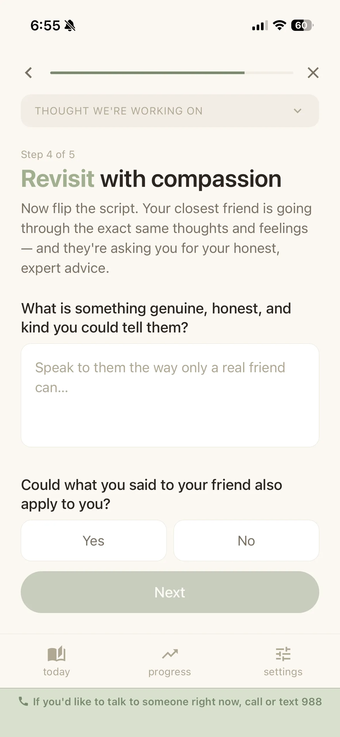 The Rethread app on iPhone — step 4 of 5, Revisit: speak to yourself like a good friend.